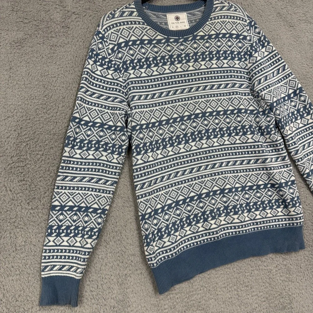 On The Byas Sweater Mens Medium Blue‎ Fair Isle Knit Cotton Crewneck Pullover
